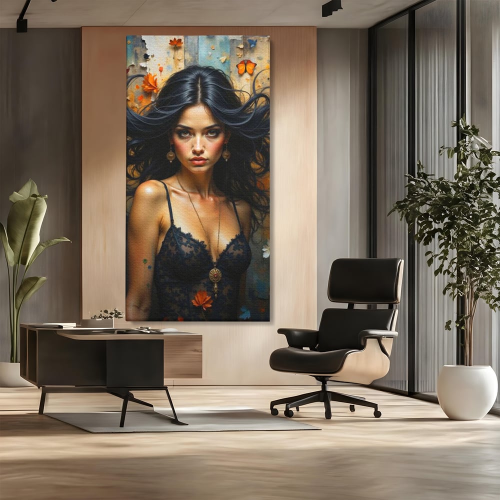 Tablou canvas cu tablou canvas cu portret de femeie par negru fluturi si frunze, fara rama, pe sasiu de lemn, pe perete intr-un birou